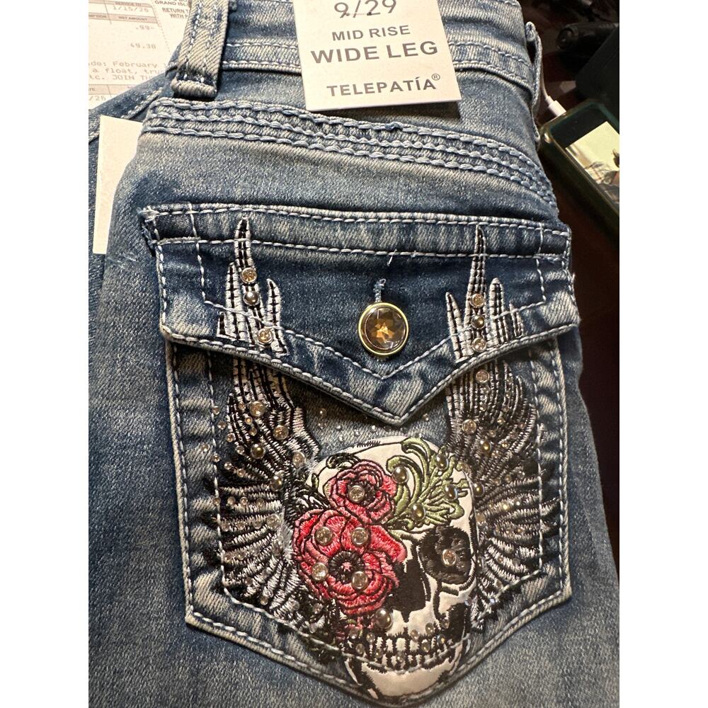 Telepatía Mid-Rise, Wide-Leg Denim Stretch Embellished Jeans Women’s 9/29 Skull - Picture 5 of 12
